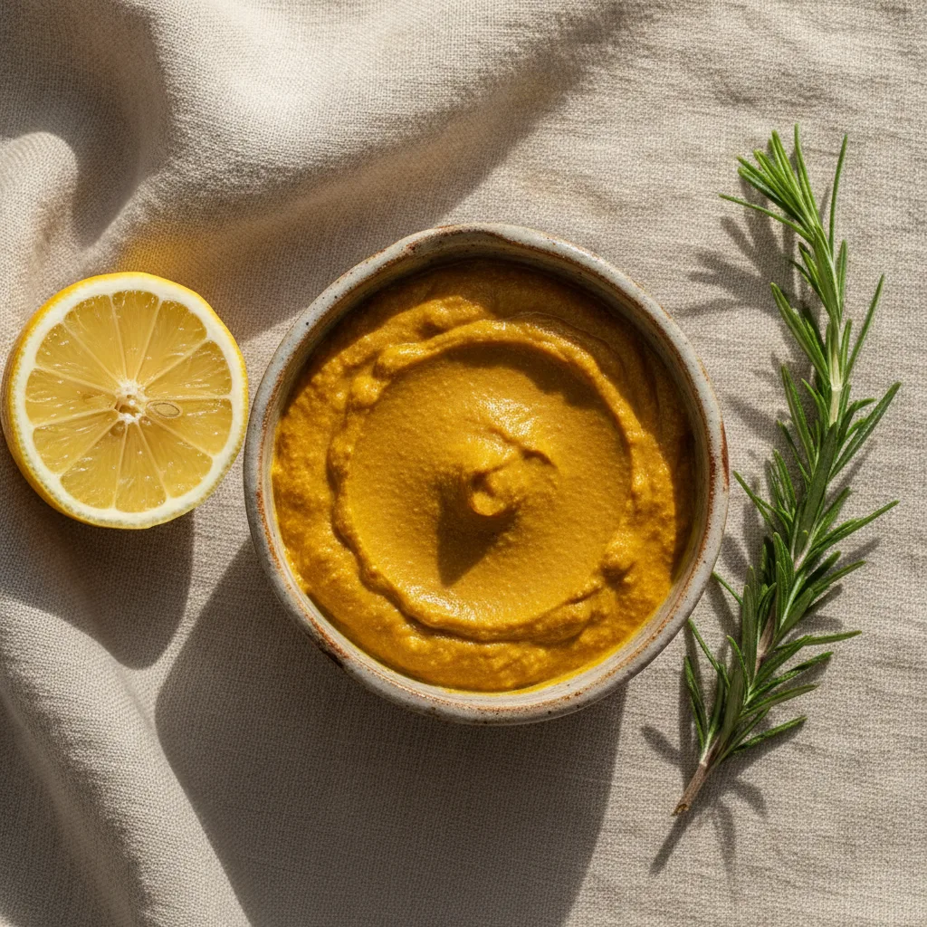 Golden turmeric paste in a small bowl beside fresh lemon