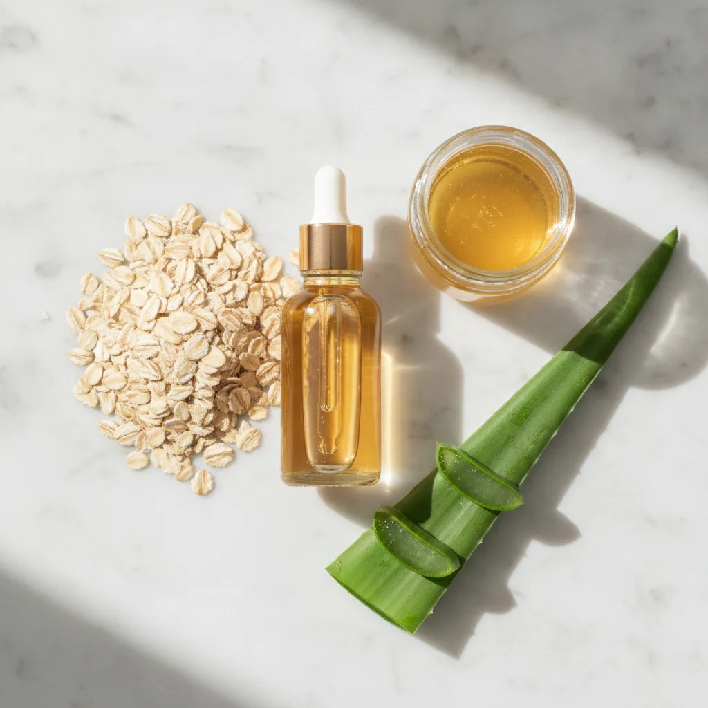 Flat lay of rose hip oil, oats, and raw honey on a marble surface