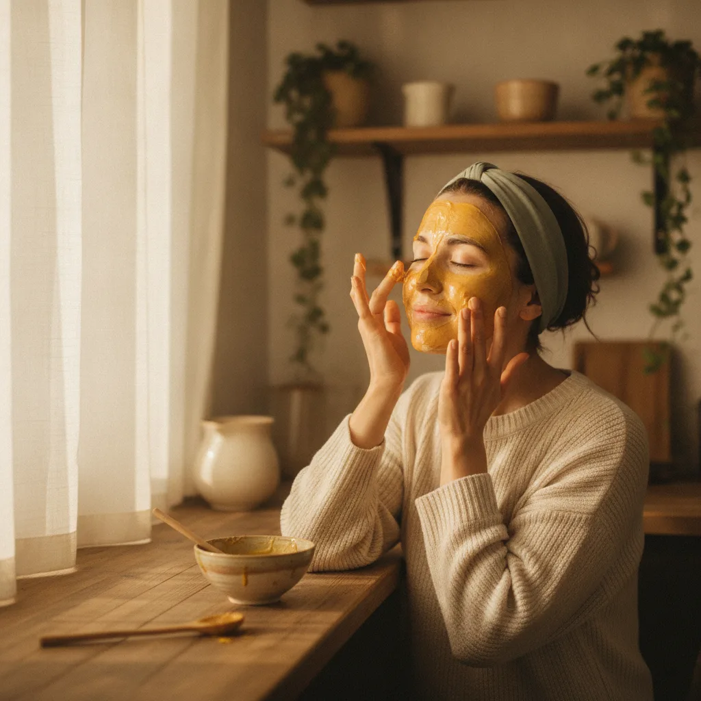 Woman applying a honey and turmeric DIY face mask at home